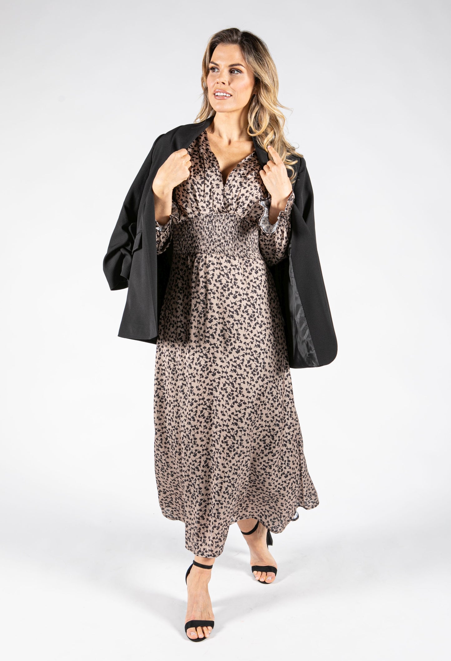 Long Sleeve Leaf Print Maxi Dress