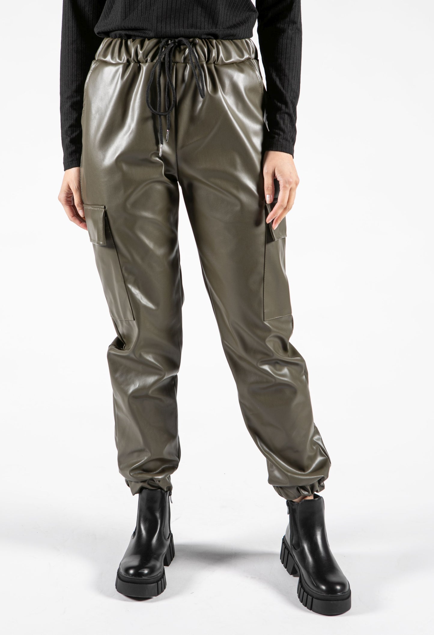 Faux Leather Cargo Style Trousers