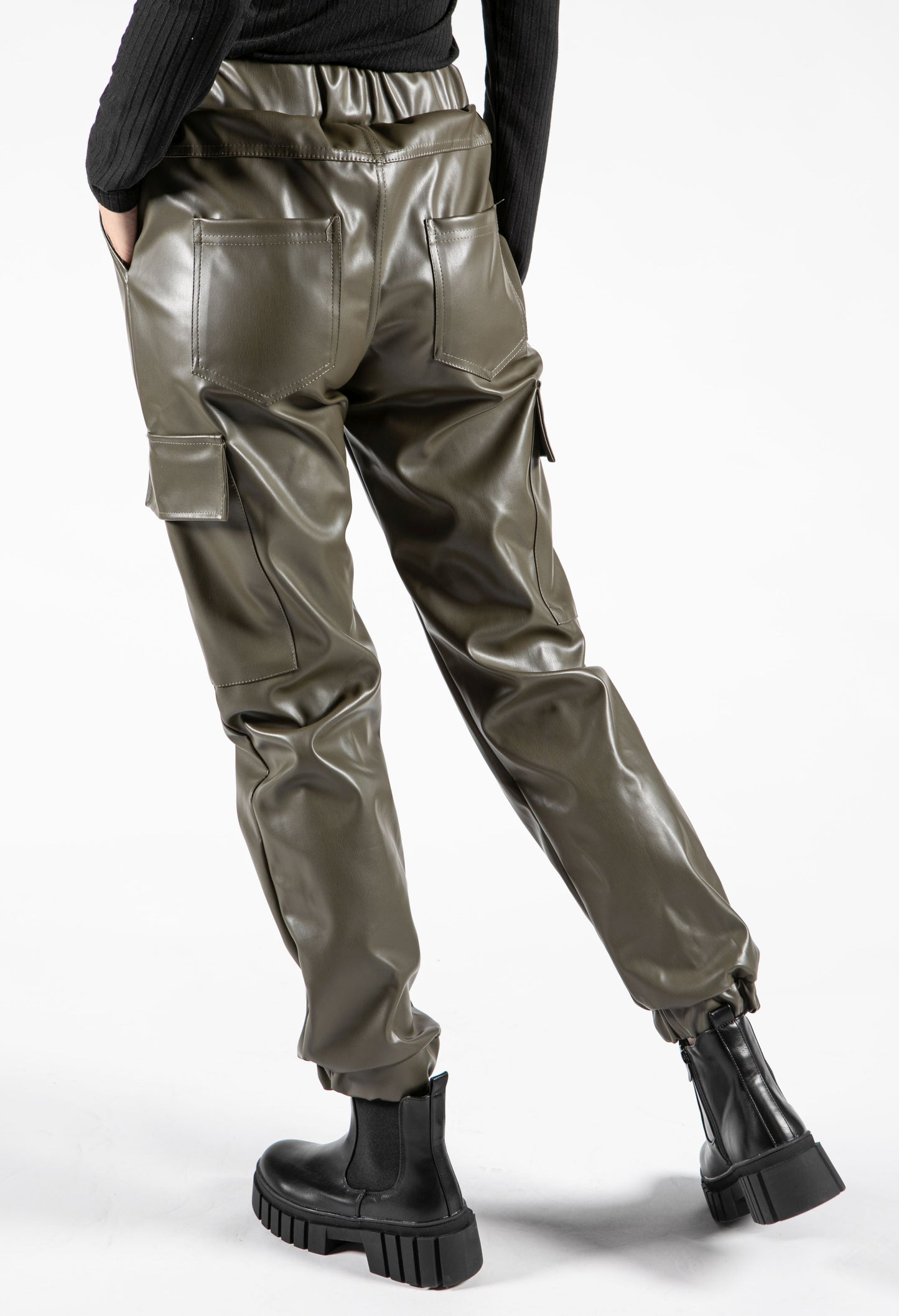 Faux Leather Cargo Style Trousers