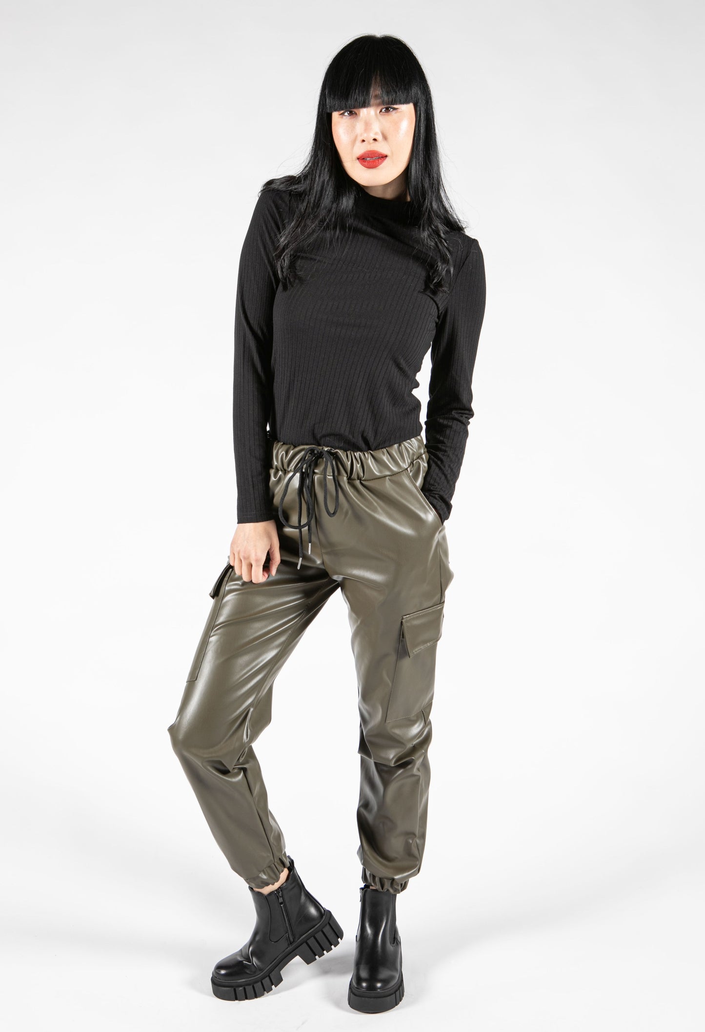 Faux Leather Cargo Style Trousers