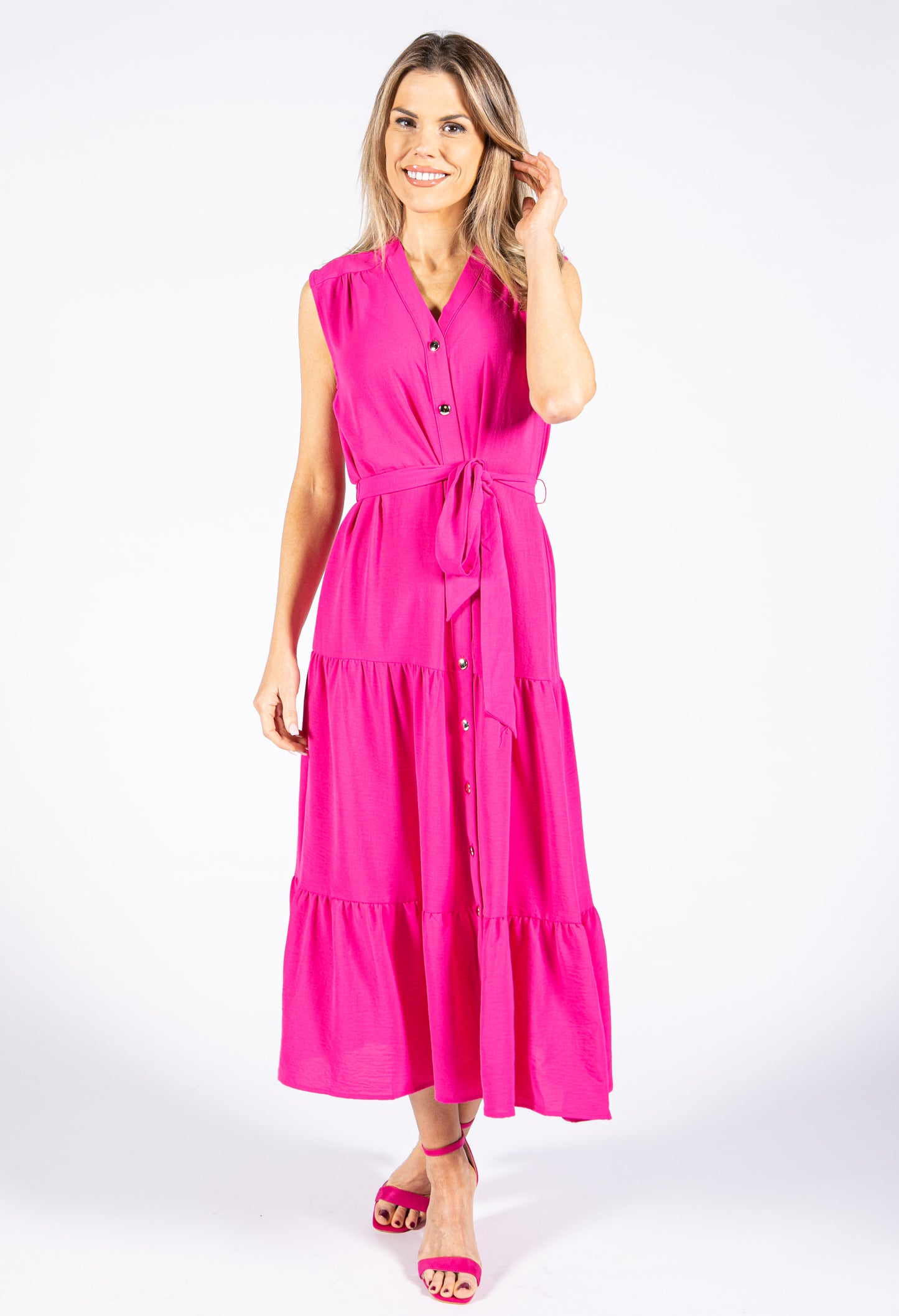 Hot Pink Tiered Button Down Dress