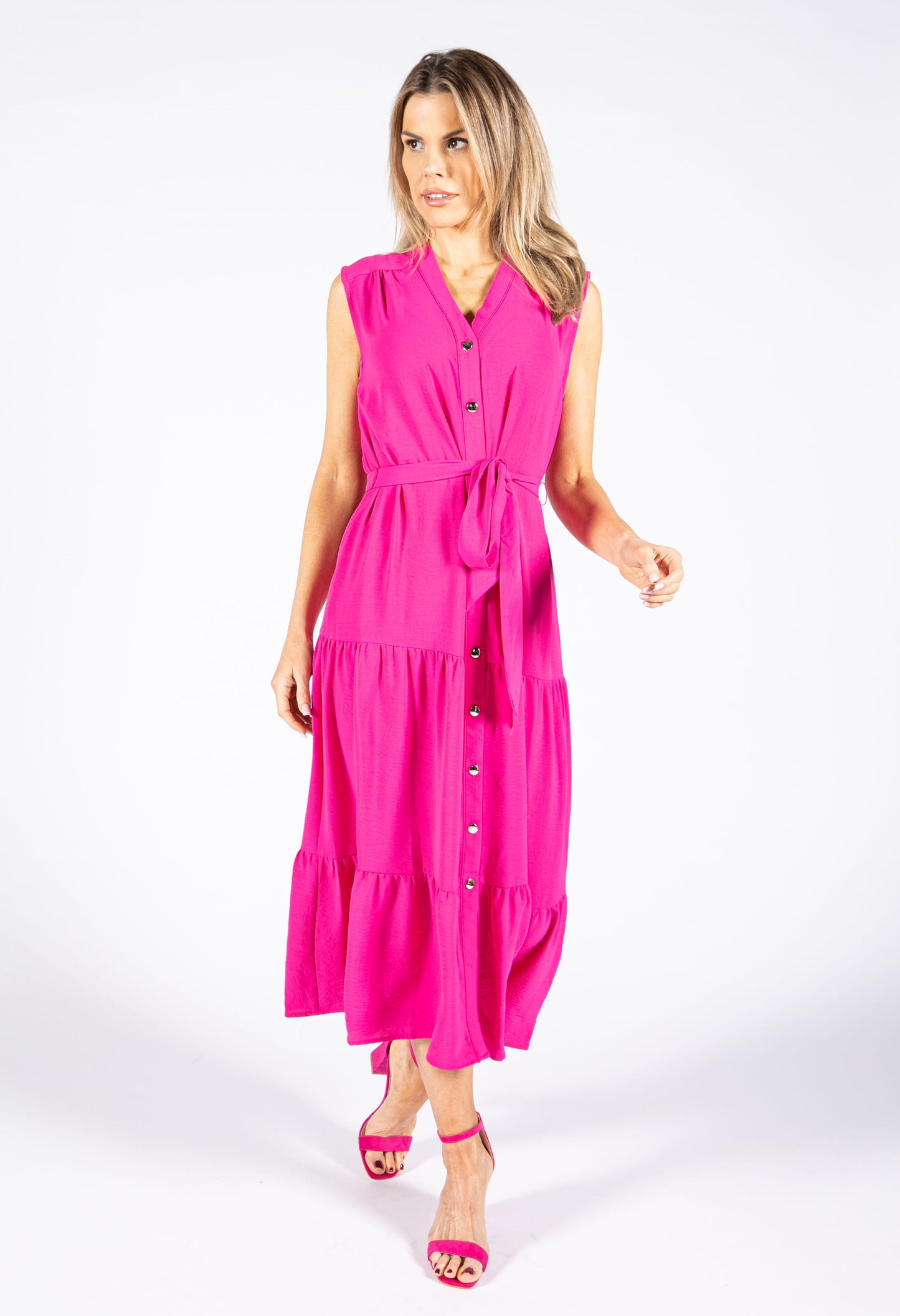 Hot Pink Tiered Button Down Dress