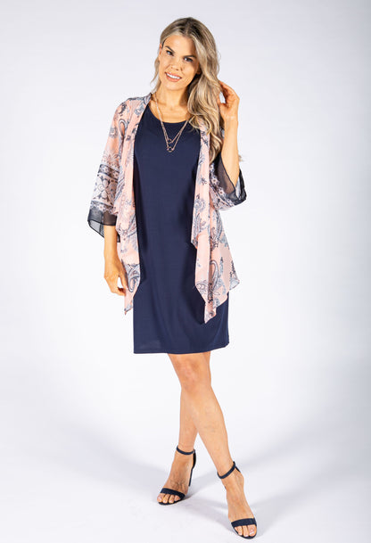 Navy Shift Dress with Coral Cover Up