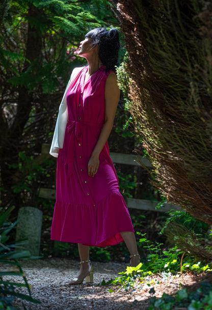 Hot Pink Tiered Button Down Dress