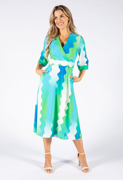 Wide Wave Print V Neckline Dress