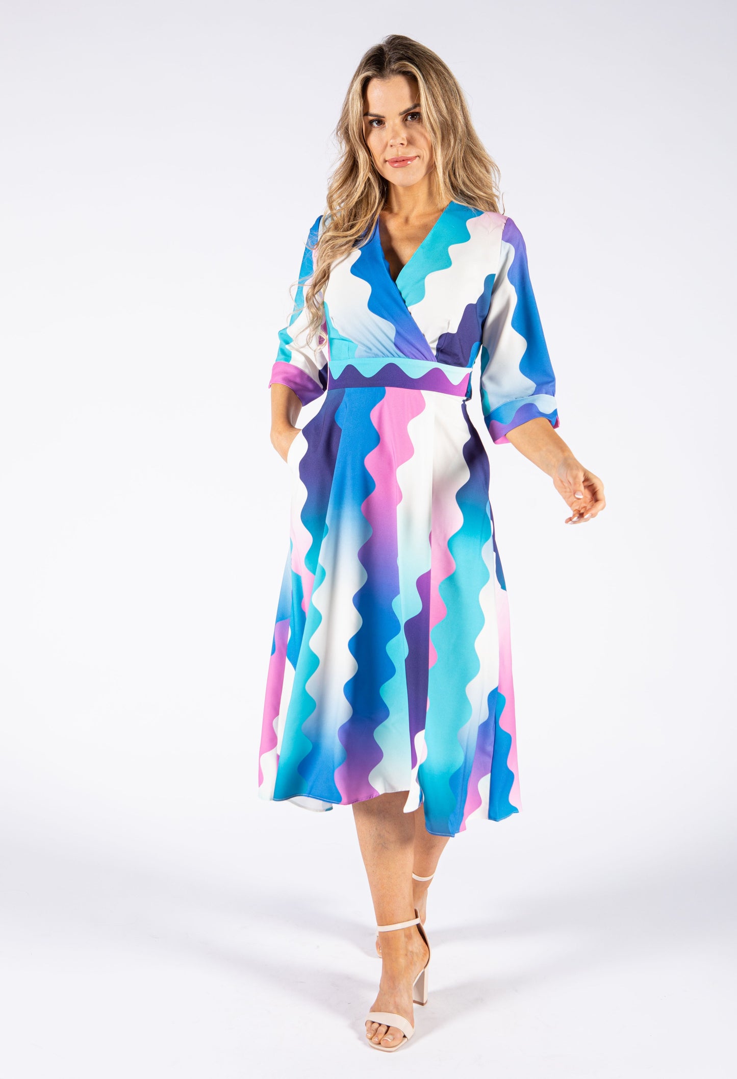 Wide Wave Print V Neckline Dress