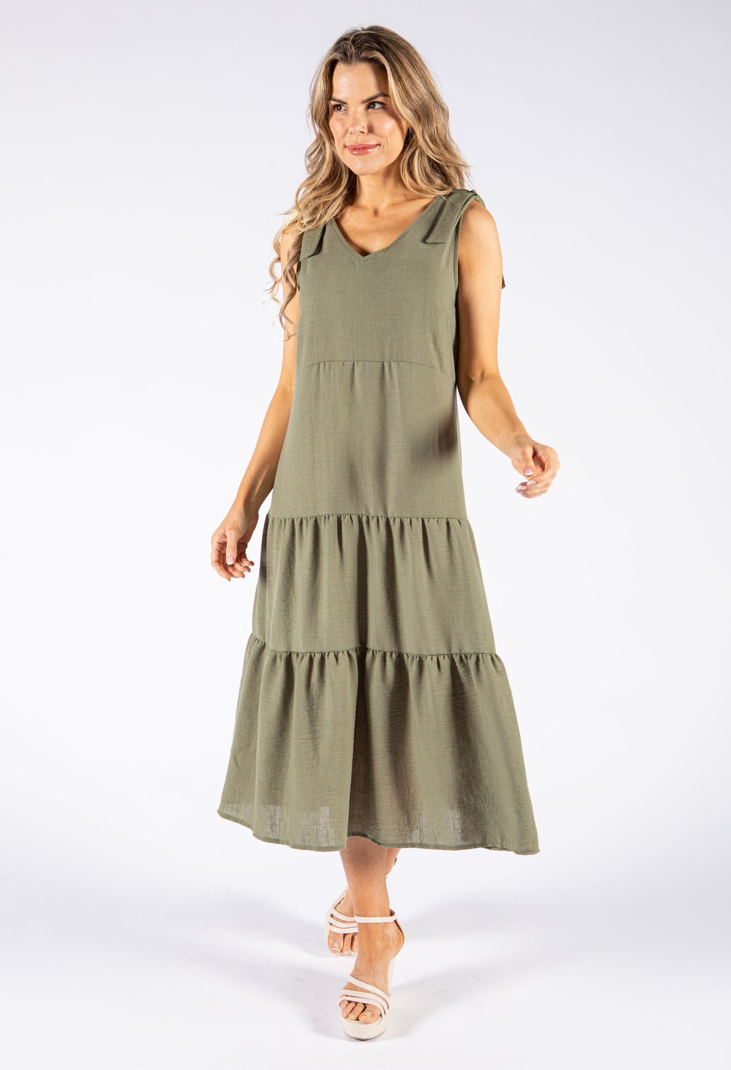 Tie Sleeve Linen Look Dress