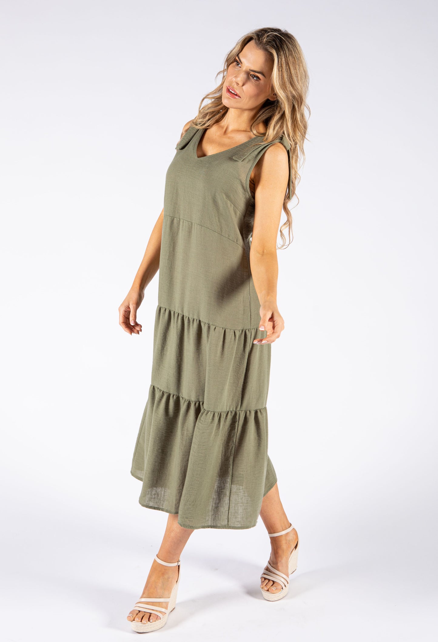 Tie Sleeve Linen Look Dress