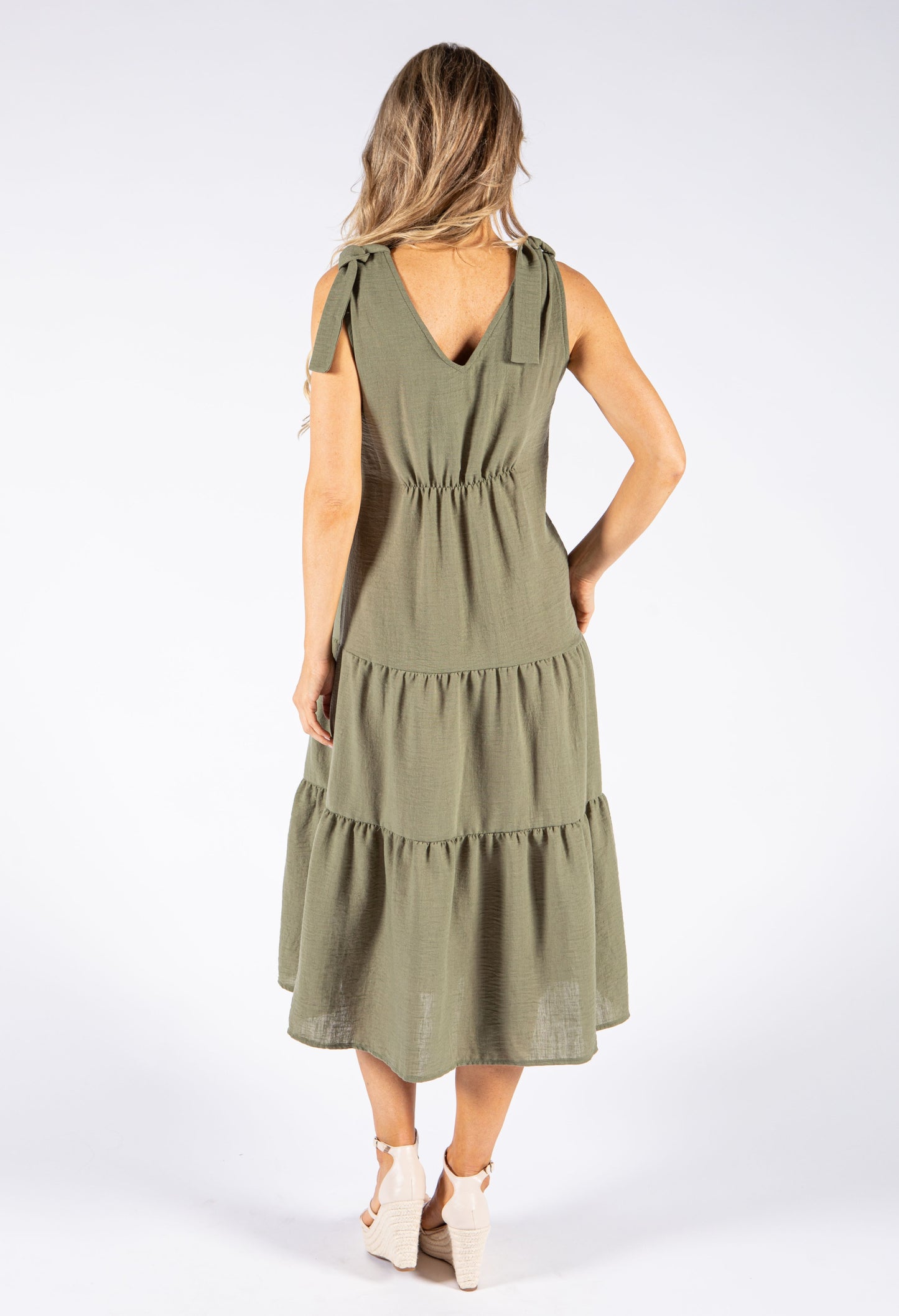 Tie Sleeve Linen Look Dress