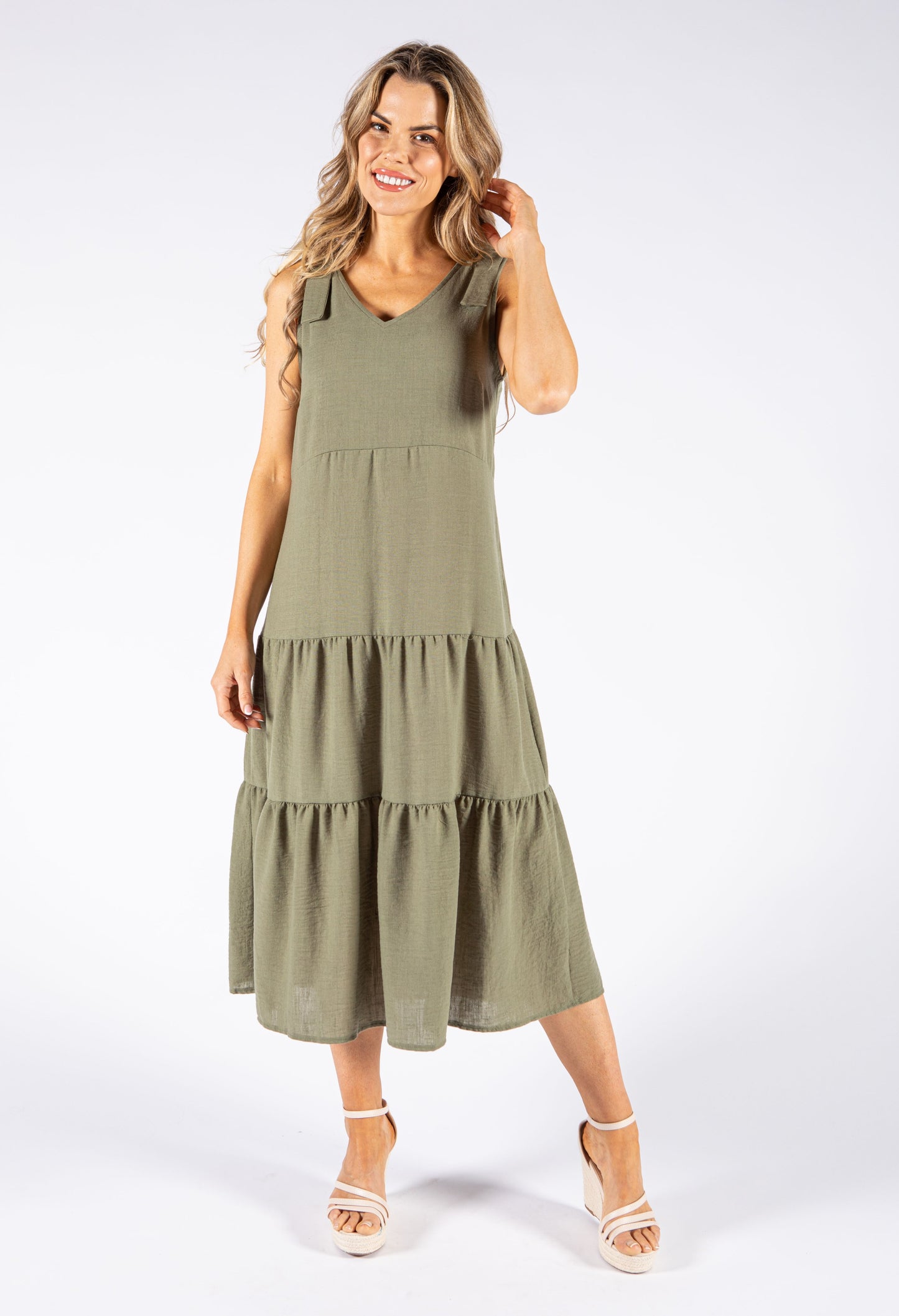 Tie Sleeve Linen Look Dress