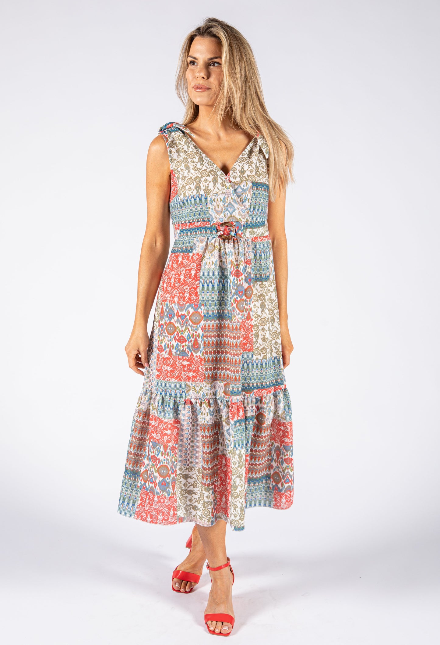 Patchwork Print V Neckline Dress