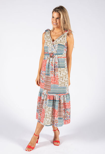 Patchwork Print V Neckline Dress