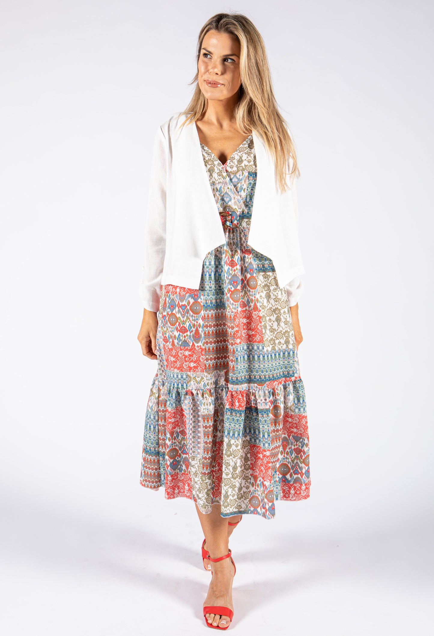 Patchwork Print V Neckline Dress