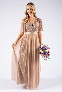 ANGEL SLEEVE EMBELLISHED MAXI DRESS WITH SASH BELT