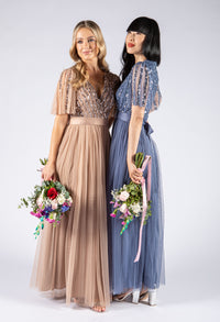 ANGEL SLEEVE EMBELLISHED MAXI DRESS WITH SASH BELT