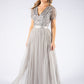 SOFT GREY V NECK SEQUIN AND TULLE DRESS WITH TIE WAIST