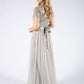 SOFT GREY V NECK SEQUIN AND TULLE DRESS WITH TIE WAIST