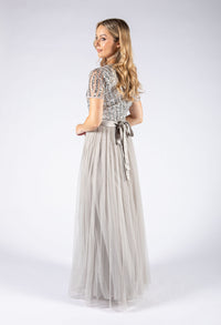 SOFT GREY V NECK SEQUIN AND TULLE DRESS WITH TIE WAIST