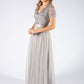 SOFT GREY V NECK SEQUIN AND TULLE DRESS WITH TIE WAIST