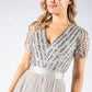 SOFT GREY V NECK SEQUIN AND TULLE DRESS WITH TIE WAIST