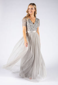 SOFT GREY V NECK SEQUIN AND TULLE DRESS WITH TIE WAIST