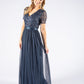 NAVY V NECK SEQUIN AND TULLE DRESS WITH TIE WAIST