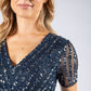 NAVY V NECK SEQUIN AND TULLE DRESS WITH TIE WAIST