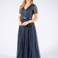 NAVY V NECK SEQUIN AND TULLE DRESS WITH TIE WAIST