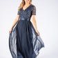 NAVY V NECK SEQUIN AND TULLE DRESS WITH TIE WAIST