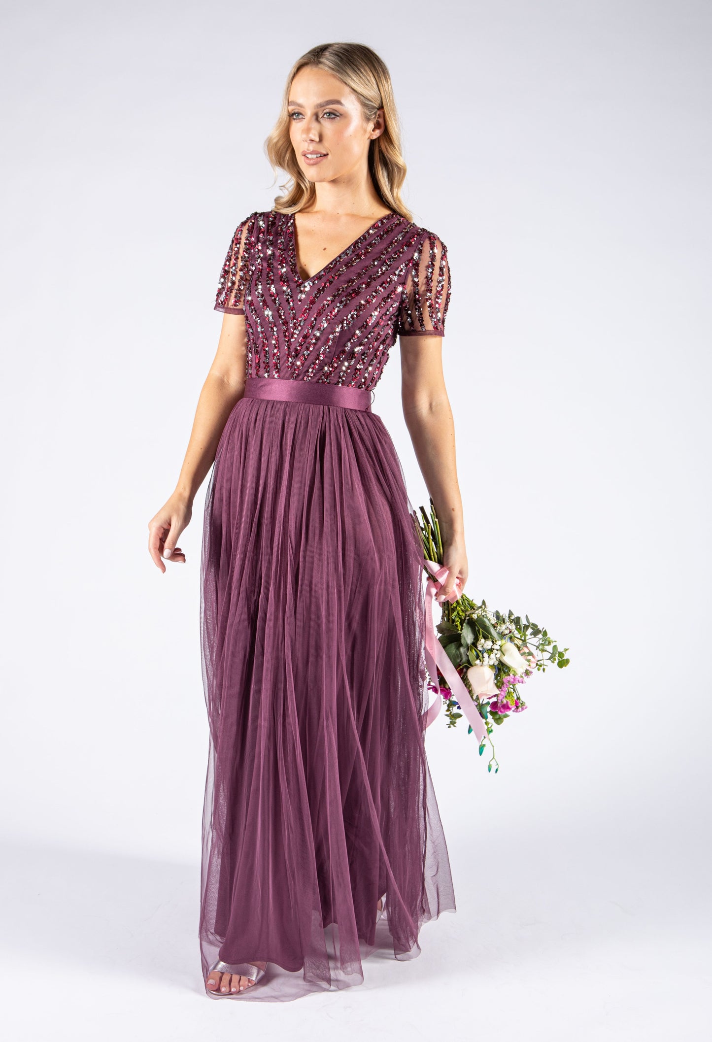 Berry V NECK SEQUIN AND TULLE DRESS WITH TIE WAIST