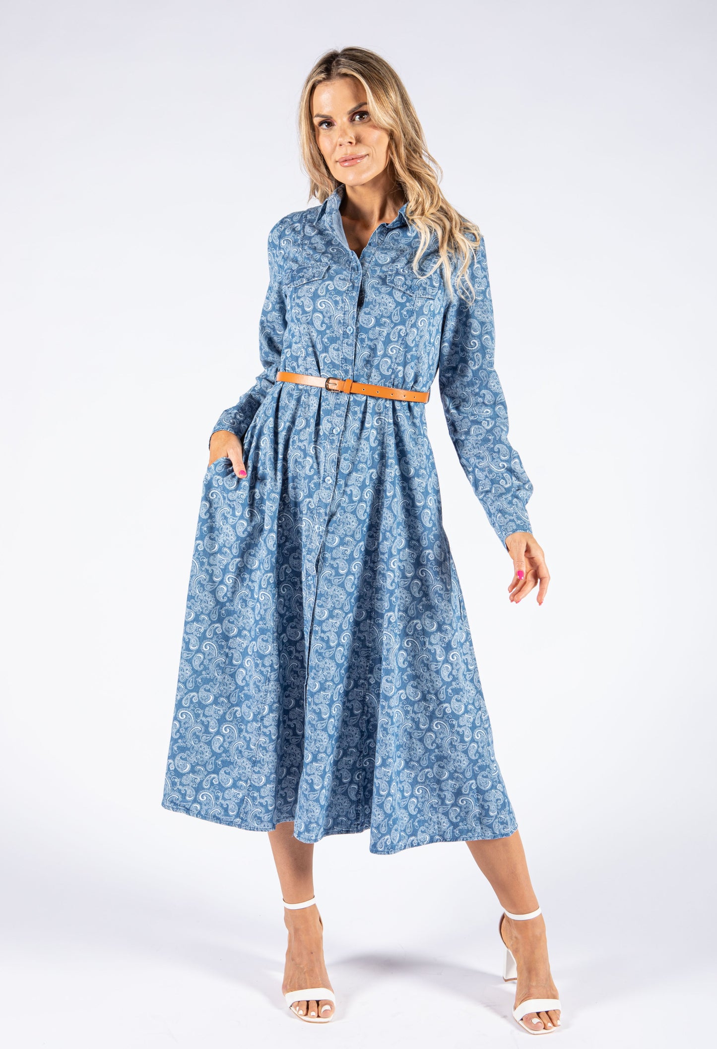 Paisley Print Long Sleeve Denim Dress