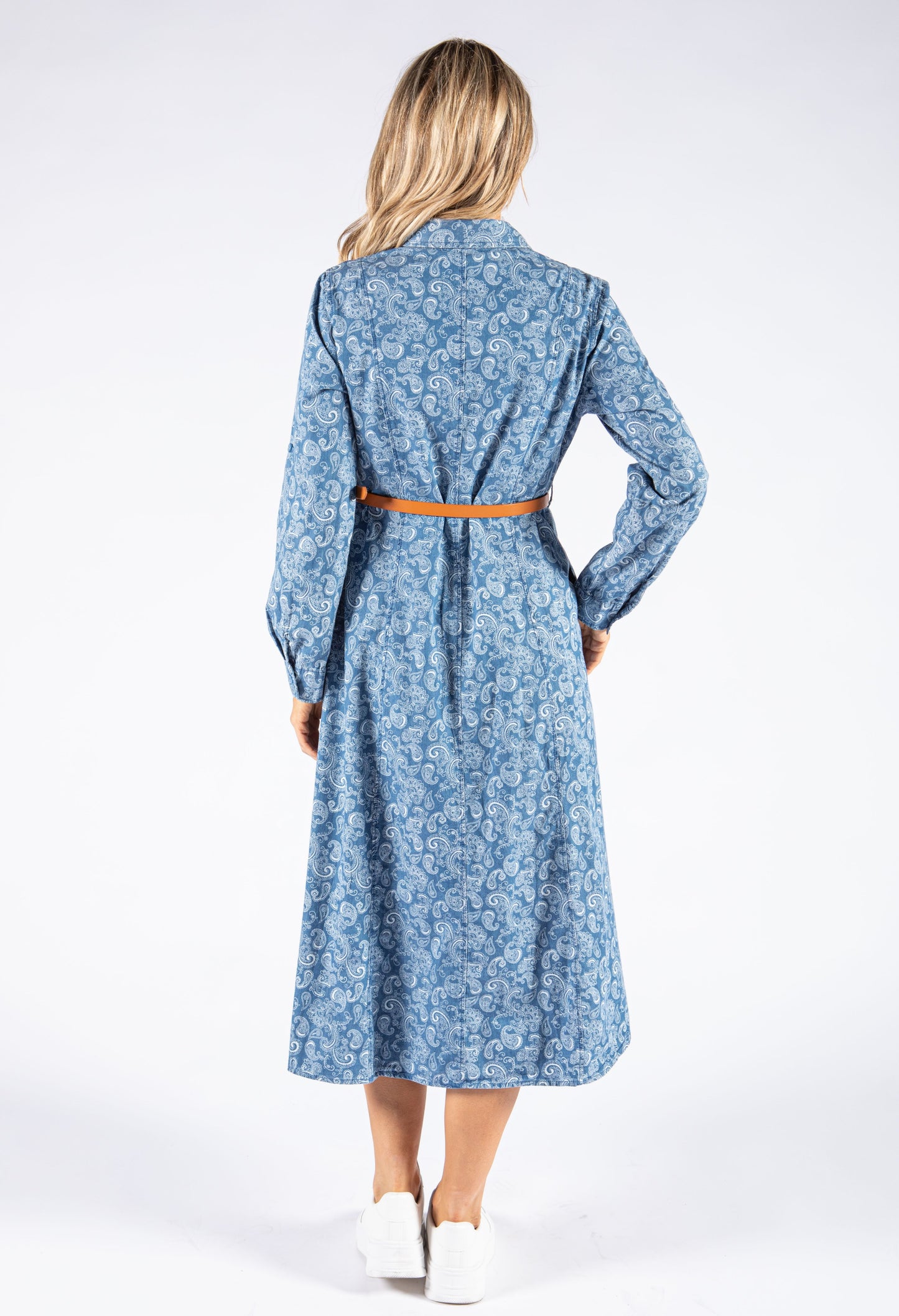 Paisley Print Long Sleeve Denim Dress