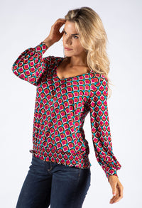 Geometric Print V Neckline Blouse