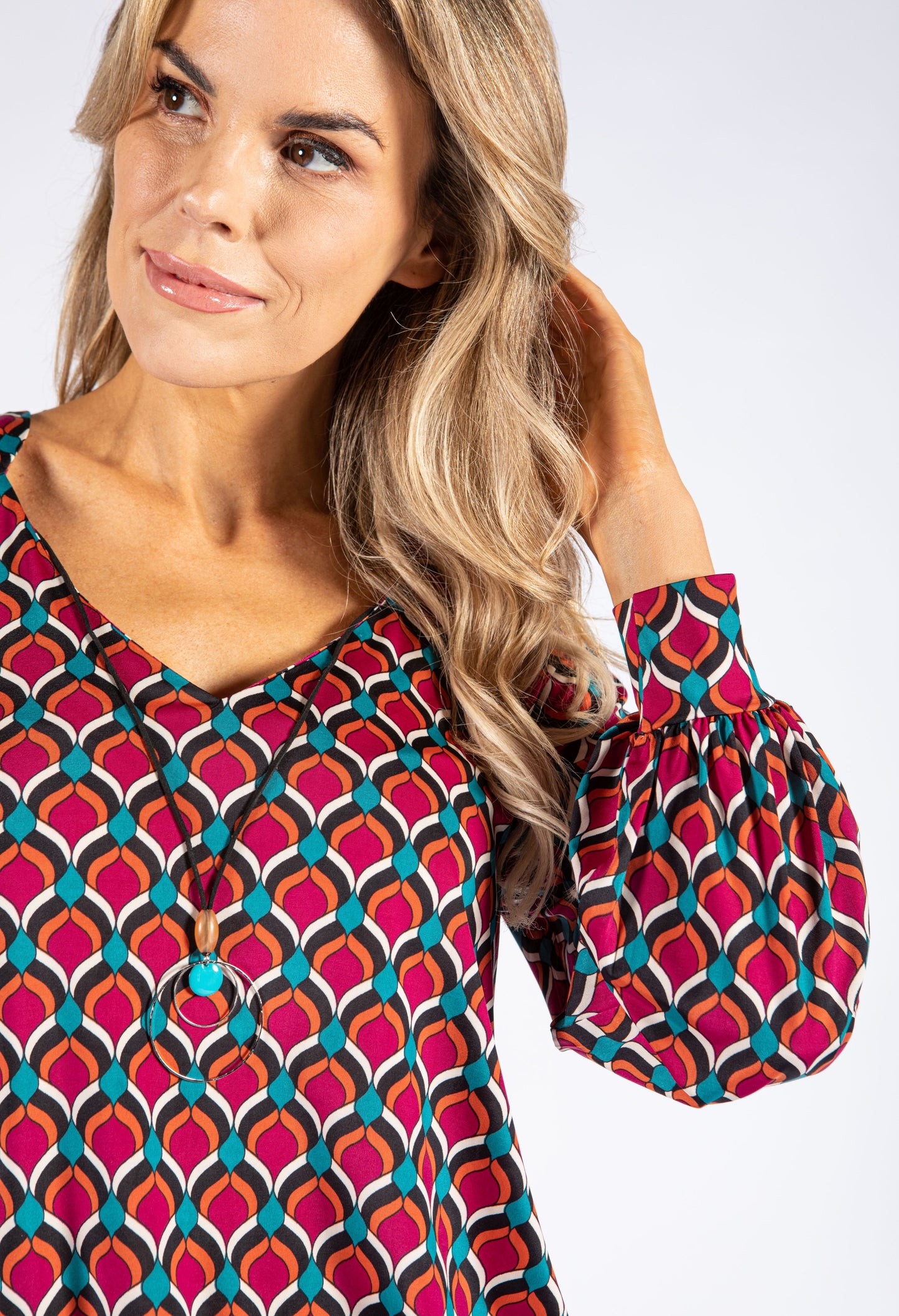 Geometric Print V Neckline Blouse