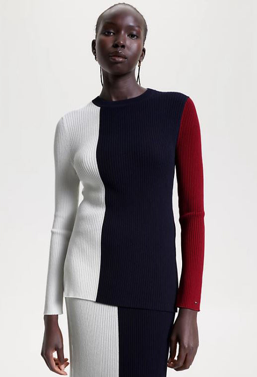 COLOUR-BLOCKED RIB-KNIT JUMPER