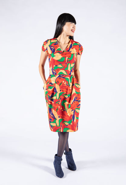 Leaf Print V Neckline Midi Dress