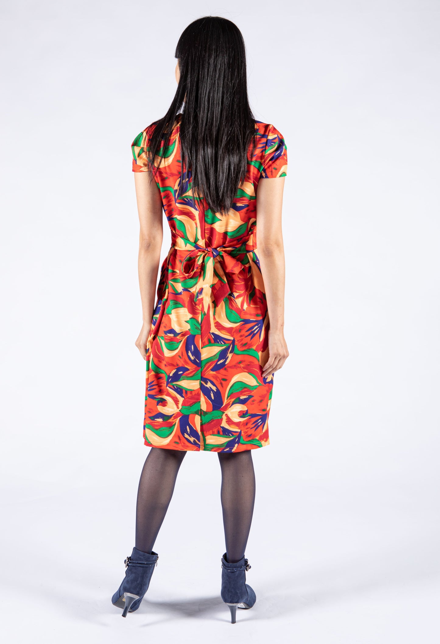 Leaf Print V Neckline Midi Dress