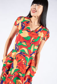 Leaf Print V Neckline Midi Dress