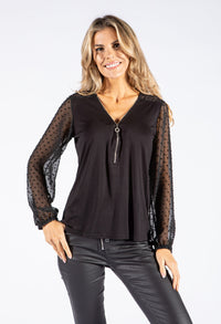 Sheer Sleeve Zip Up Top