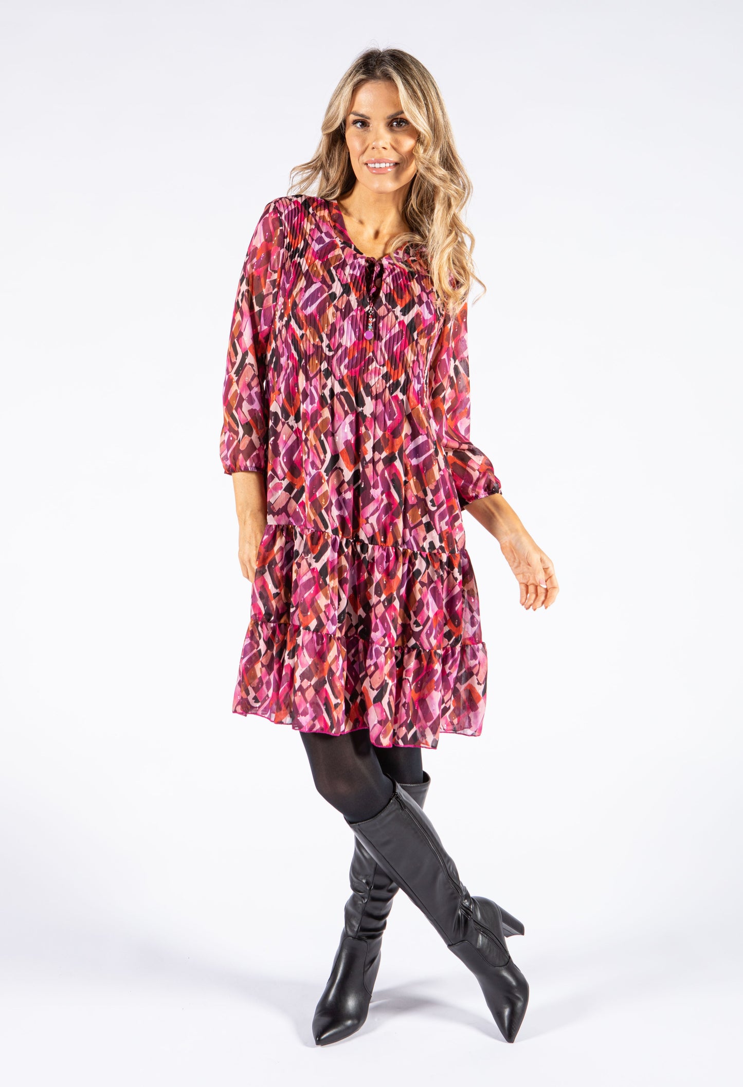 Geo Print Plisse Pleat Dress