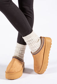 Platform Slip On Boots with Embroidered Trim