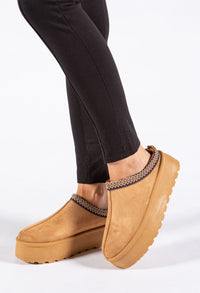 Platform Slip On Boots with Embroidered Trim