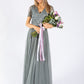 MISTY GREEN V NECK SEQUIN AND TULLE DRESS WITH TIE WAIST