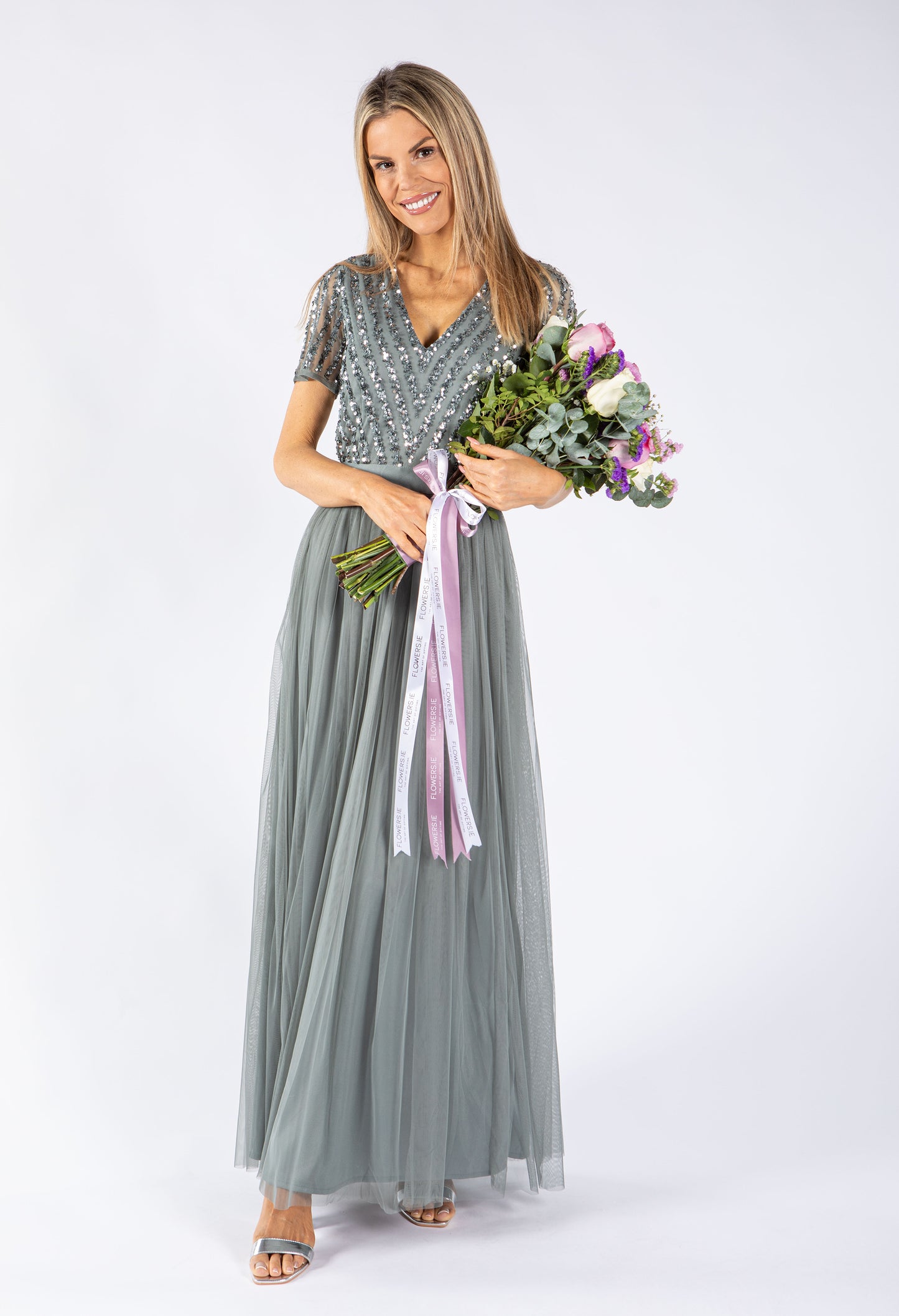 MISTY GREEN V NECK SEQUIN AND TULLE DRESS WITH TIE WAIST