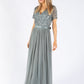 MISTY GREEN V NECK SEQUIN AND TULLE DRESS WITH TIE WAIST