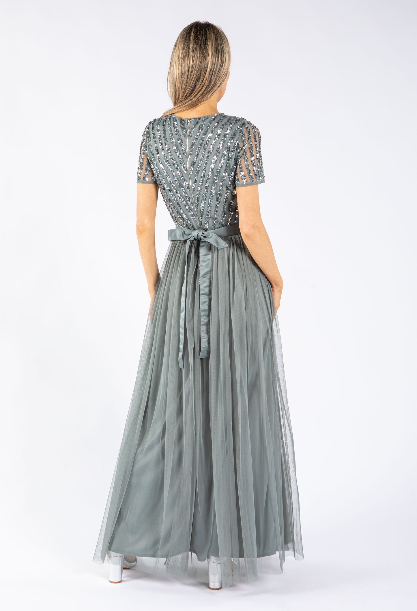 MISTY GREEN V NECK SEQUIN AND TULLE DRESS WITH TIE WAIST