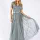 MISTY GREEN V NECK SEQUIN AND TULLE DRESS WITH TIE WAIST