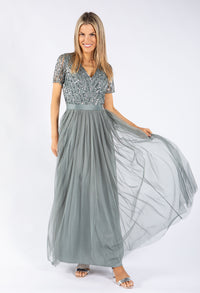 MISTY GREEN V NECK SEQUIN AND TULLE DRESS WITH TIE WAIST