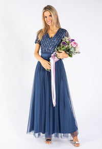 STRIPE EMBELLISHED MAXI DRESS WITH SASH BELT