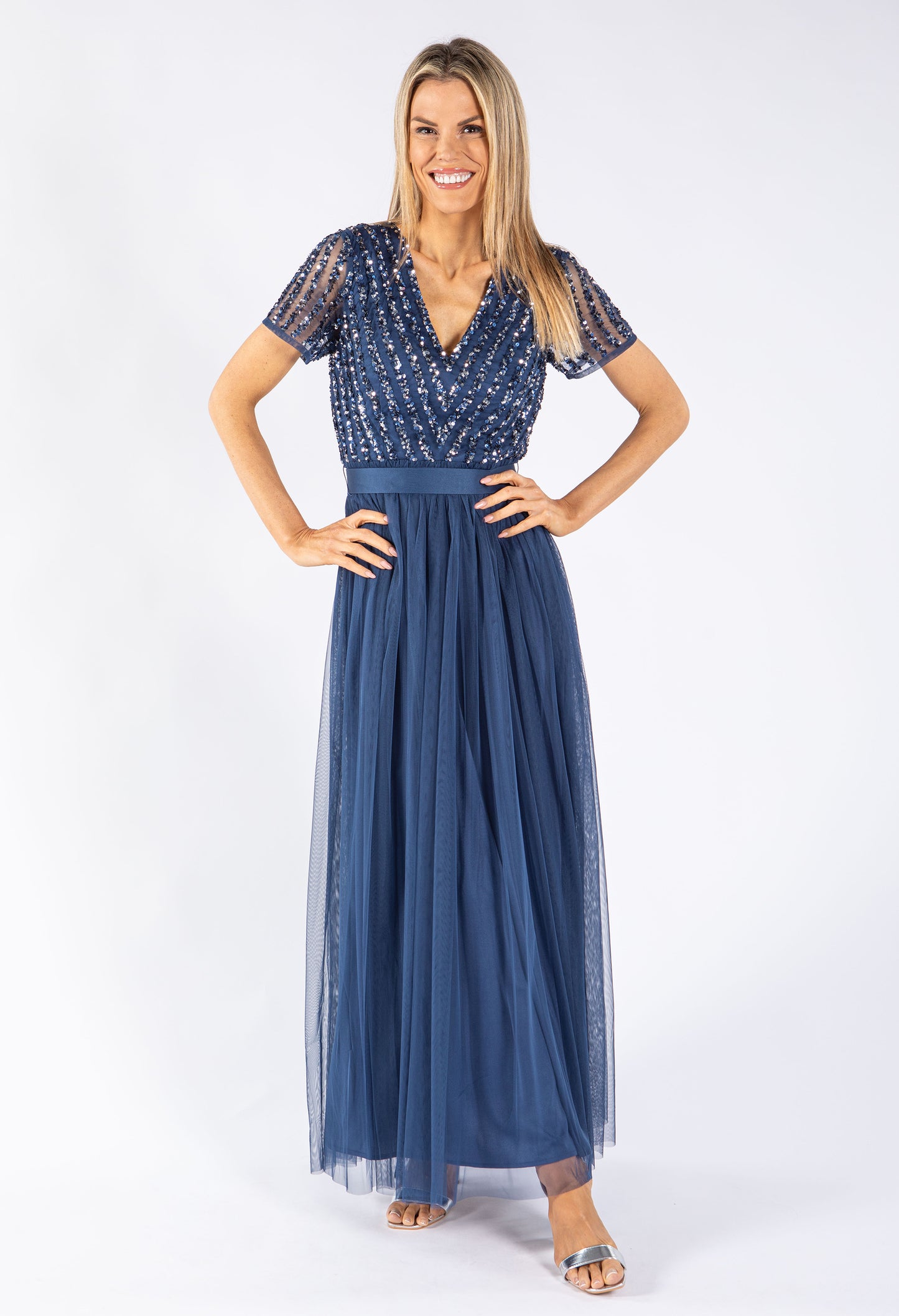 STRIPE EMBELLISHED MAXI DRESS WITH SASH BELT